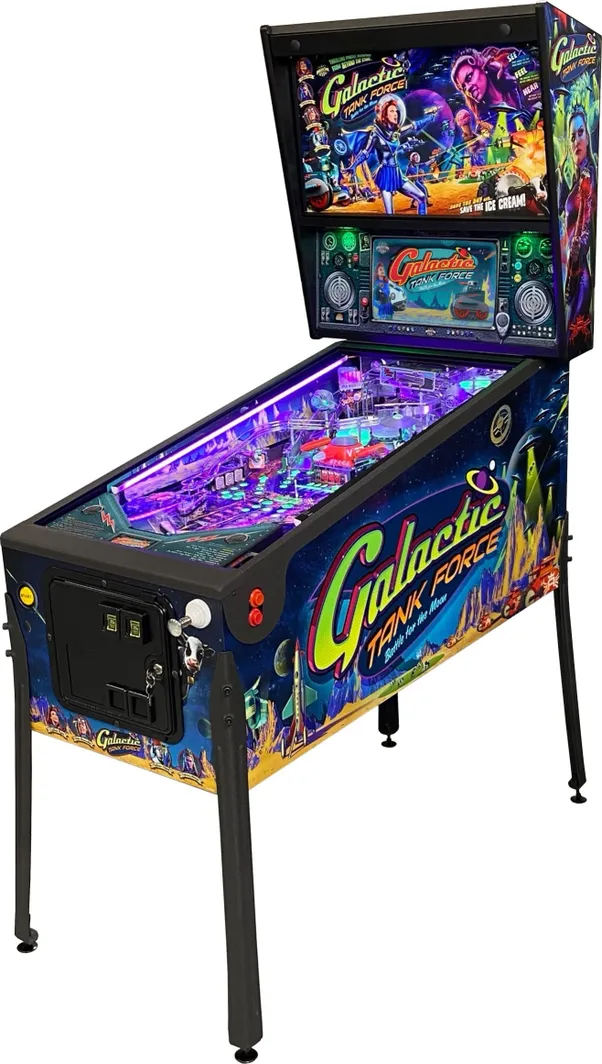 A pinball machine with lights and a black frame.