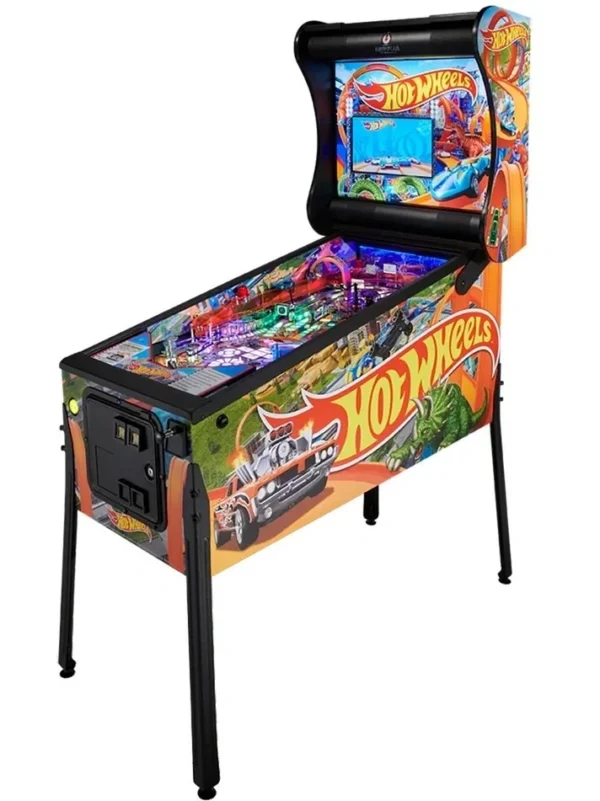 A pinball machine with wheels and hot wheels on it.