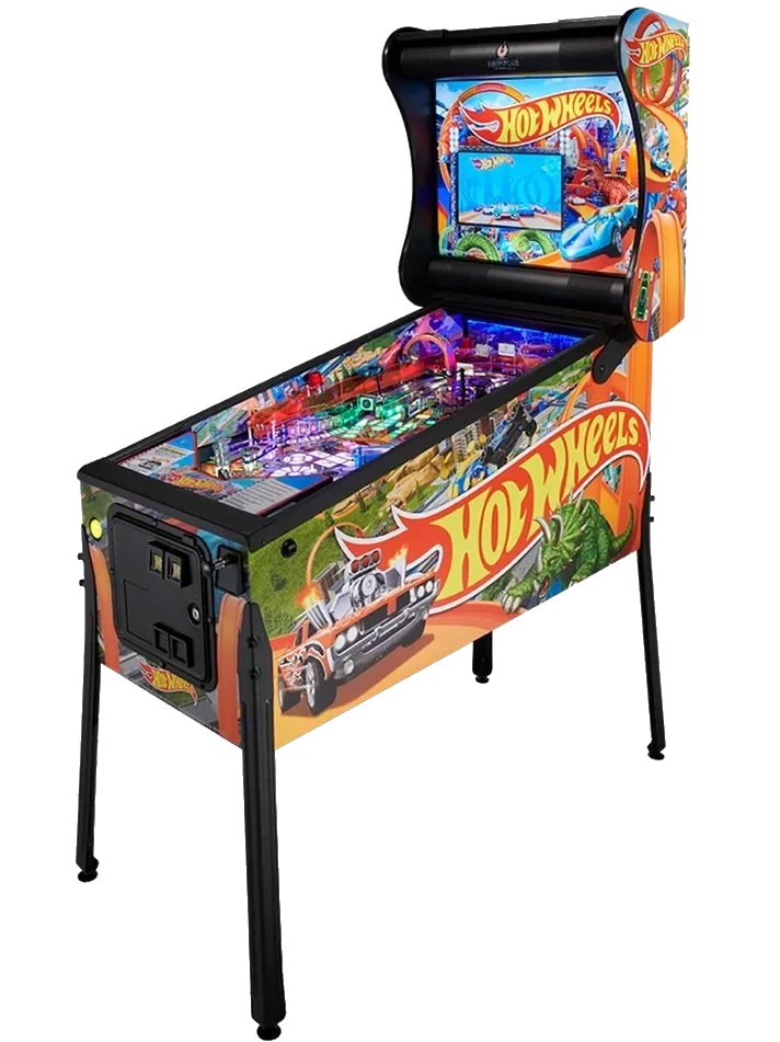 A pinball machine with the hot wheels logo on it.