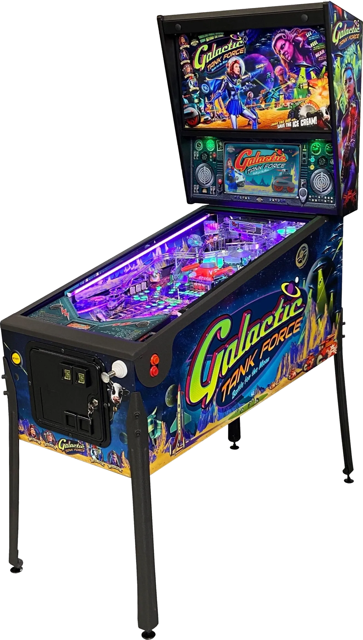 A pinball machine with lights and a black background