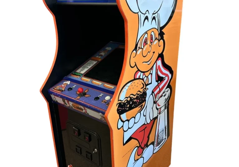 A video game cabinet with an image of a chef on the side.